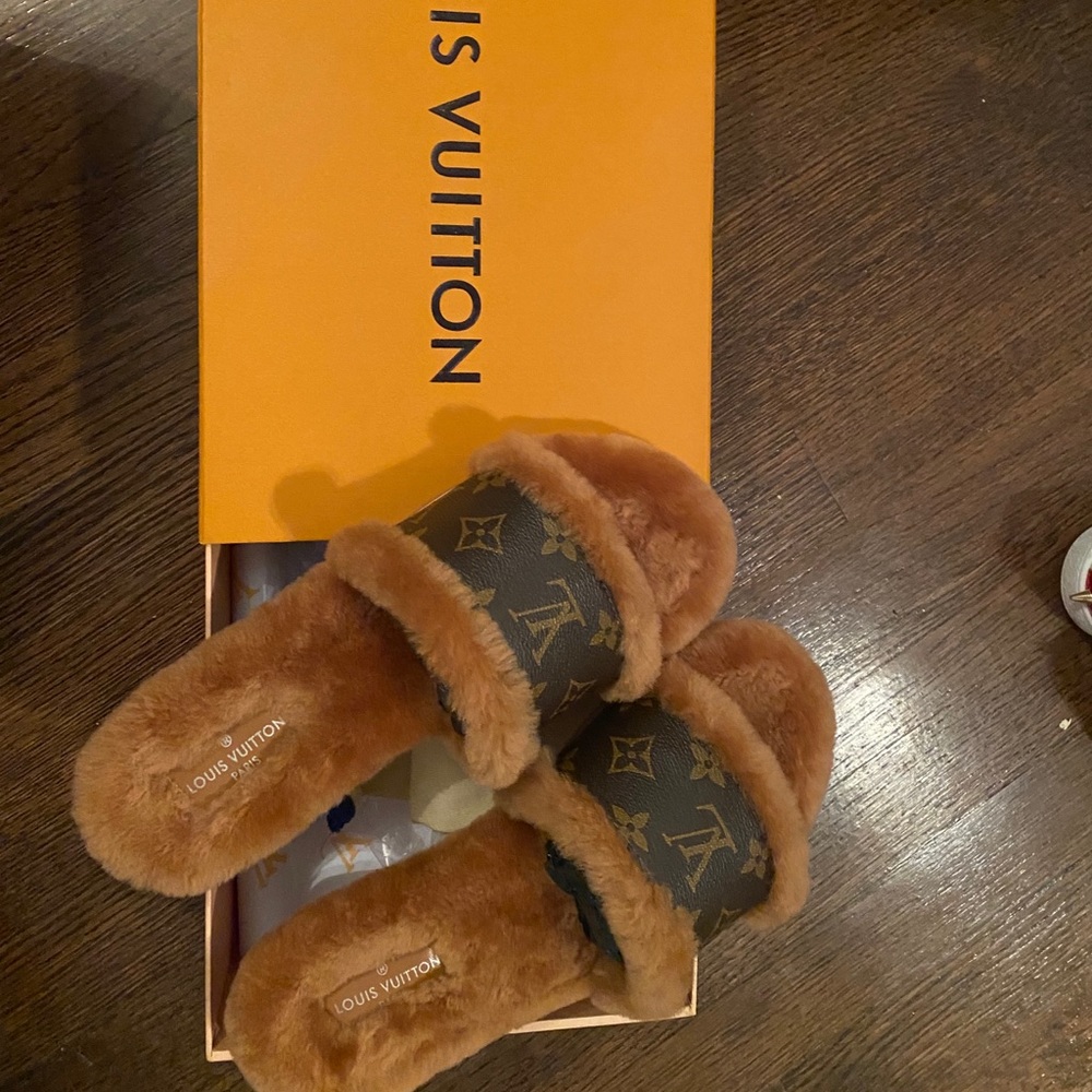 Louis Vuitton Cognac Brown Mink Monogram Slides